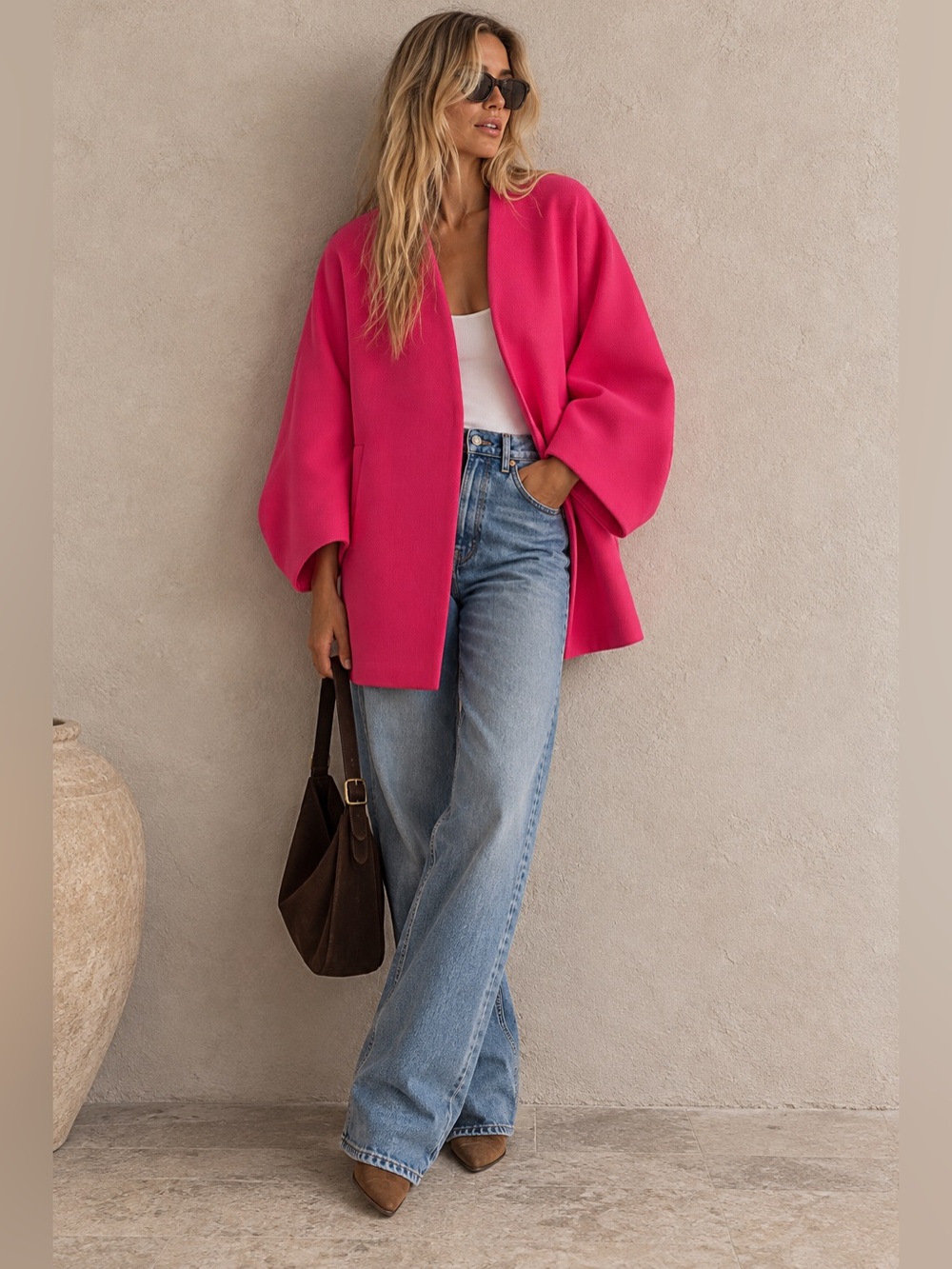 Zara Fuchsia Pink Oversized Coat Size L | Balloon Sleeve Statement Jacket | Chic